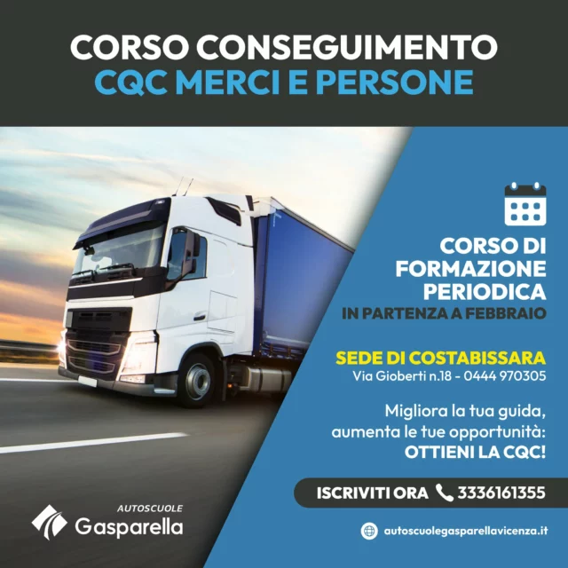 🚚 CORSO CONSEGUIMENTO CQC MERCI E PERSONE 🚚

🗓️ In partenza a FEBBRAIO

Dove?
📍Sedi di COSTABISSARA - Via Gioberti n.18

Ottieni anche tu la CARTA DI QUALIFICAZIONE DEL CONDUCENTE✨

📞 Chiama il 333 6161355 per maggiori informazioni

#gasparella #autoscuola #autoscuolegasparella #gaspa #barbarano #corsocqc #nuoveopportunità #nuovacarriera #successo #pullman #camion #cqcvicenza #patentecqc